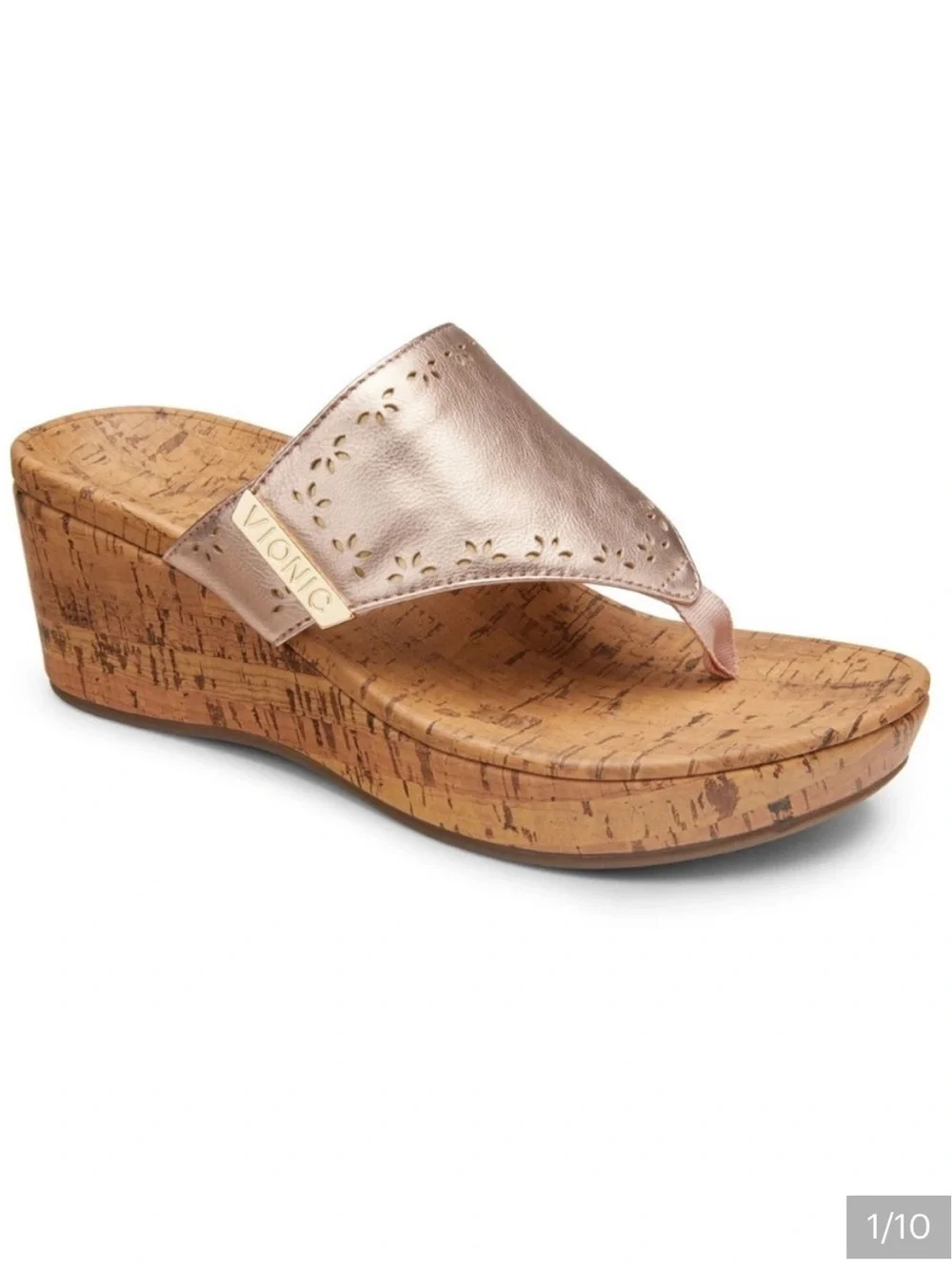 Vionic Anitra Rose Gold Metallic Platform Wedge Thong Cork Sandals US 6 Orthotic